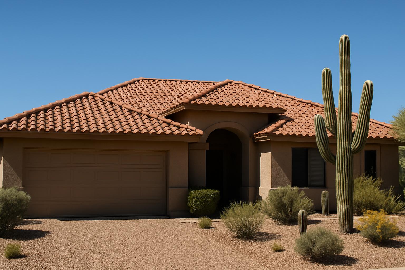 Single story Scottsdale home with a terracotta concrete tile roof and desert landscaping