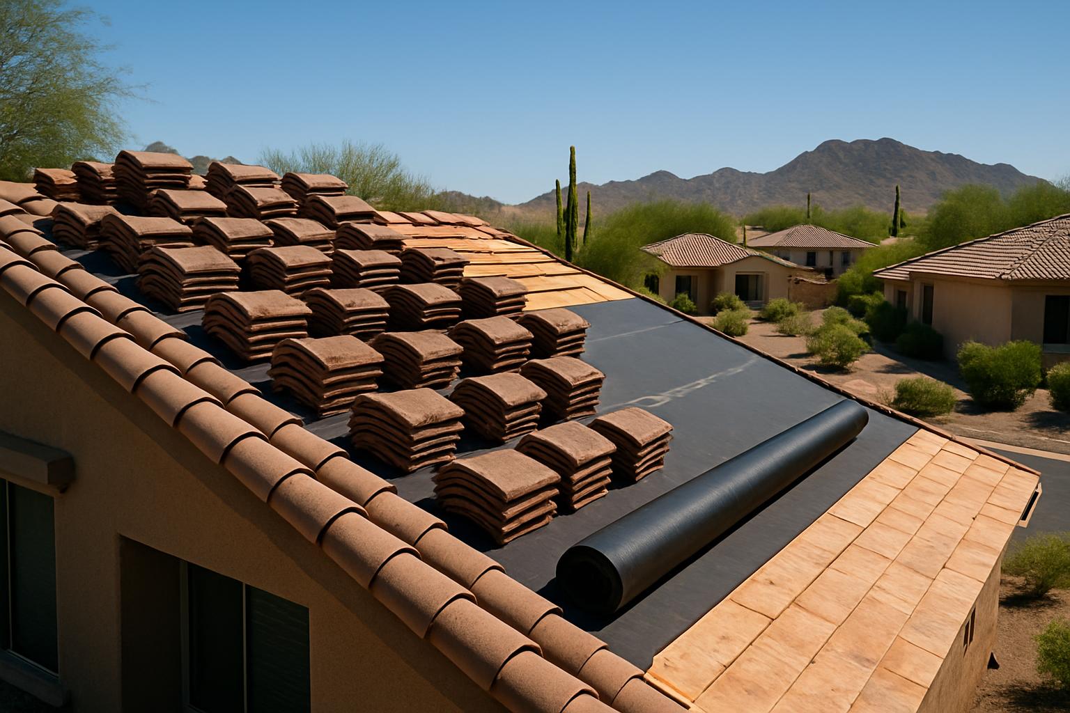 Tiles stacked on a roof with new underlayment rolled out across the exposed deck