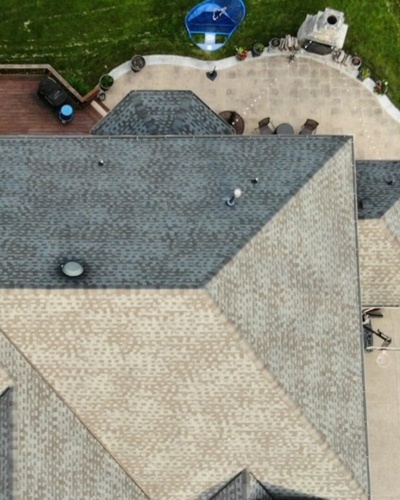 Aerial view of a residential asphalt shingle roof