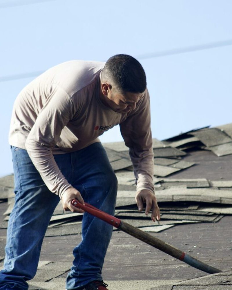 Roofer stripping old asphalt shingles during a tear off