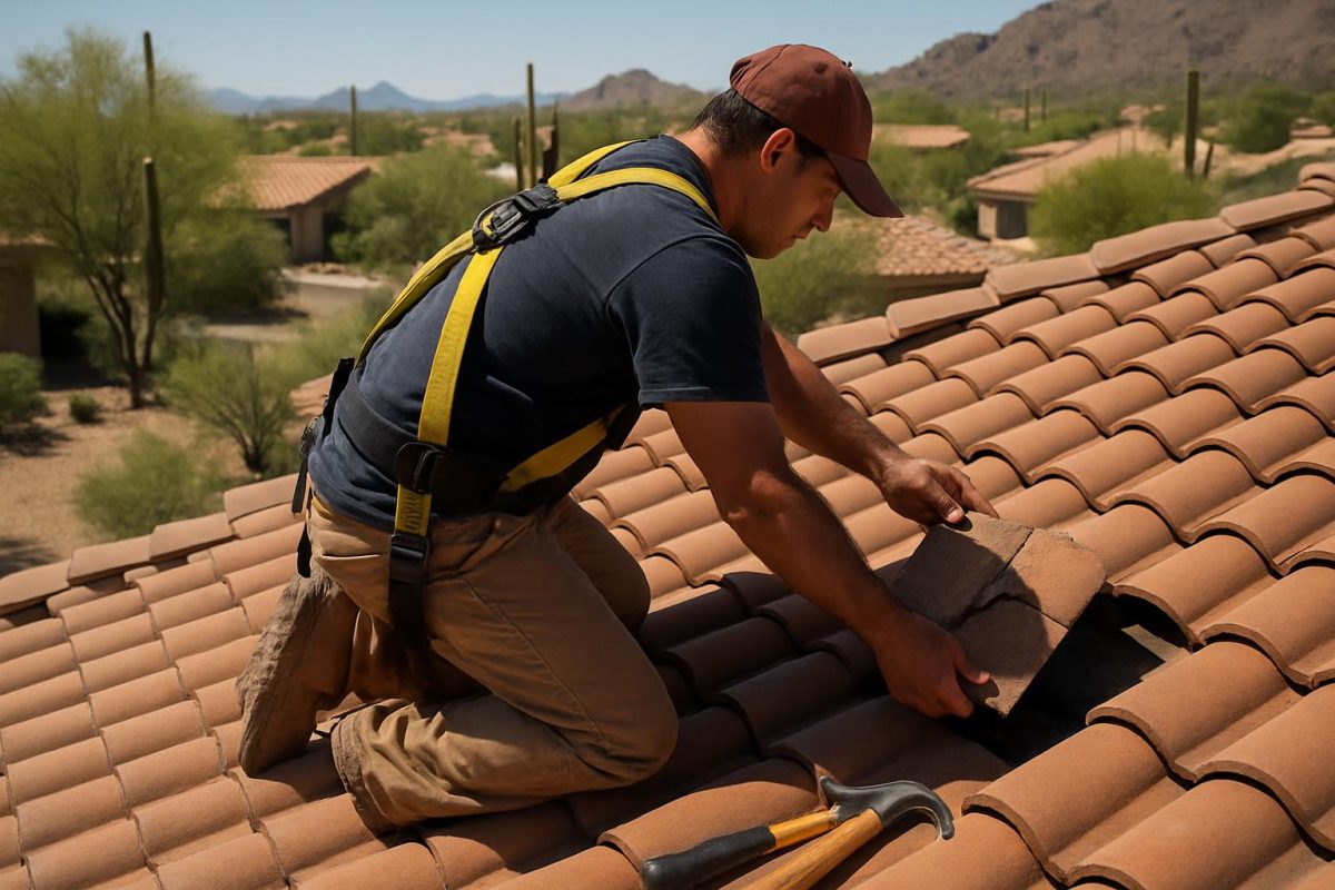 Roofer in a safety harness lifting a cracked tile out of a tile roof to replace it