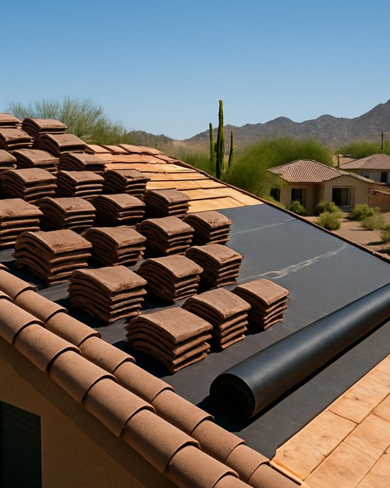 Tiles stacked on a roof with new underlayment rolled out across the exposed deck