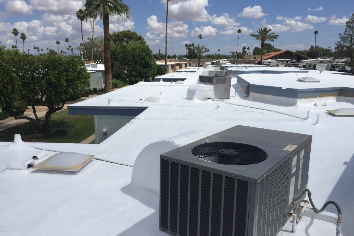 Polyurea elastomeric roof coating application by Circle G Roofing, Scottsdale